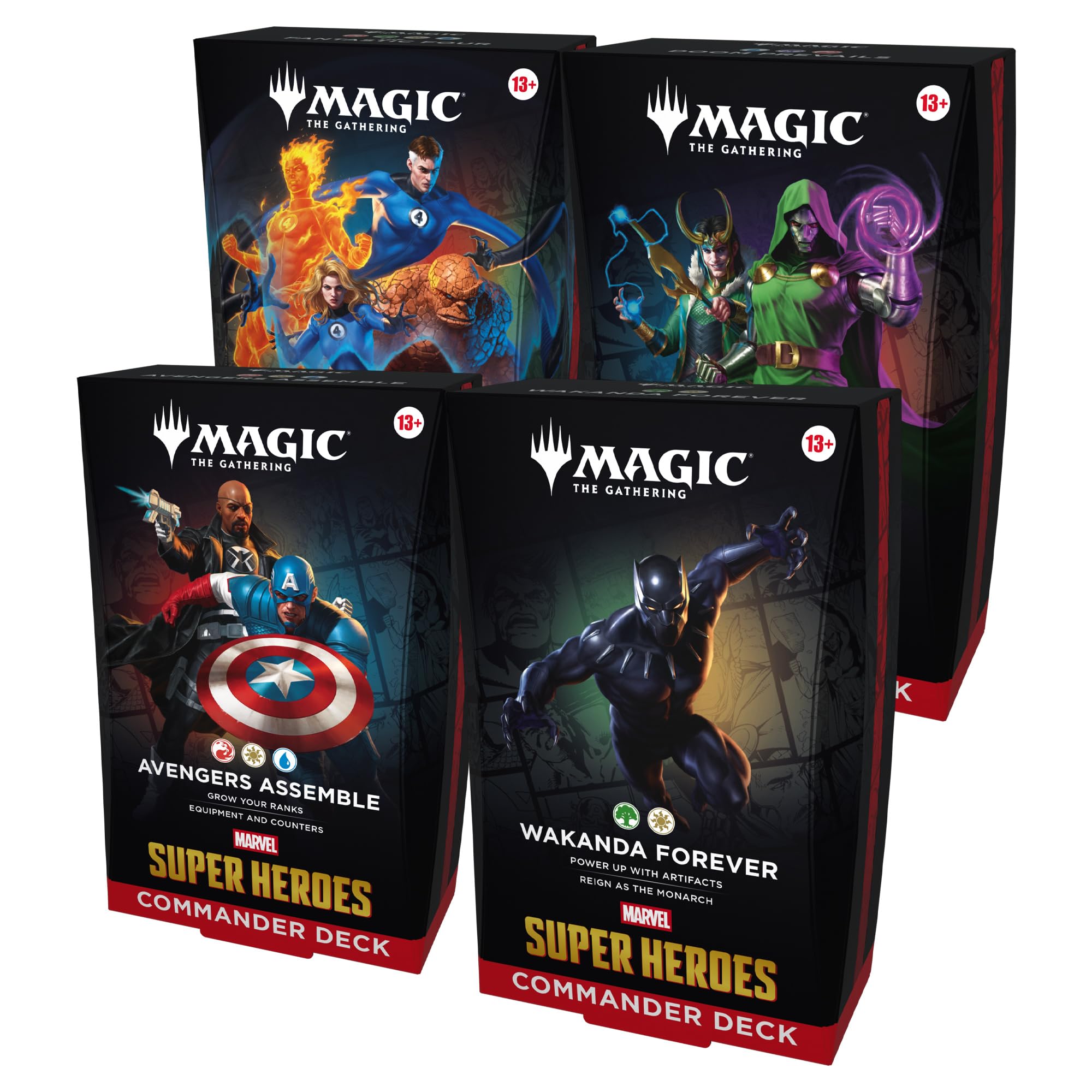 817ibJnYn4L.jpg Magic: The Gathering | Marvel Super Heroes Commander Deck Bundle - Includes All 4 Decks (Avengers Assemble, Wakanda Forever, The Fantastic Four, Doom Prevails) - Image 1