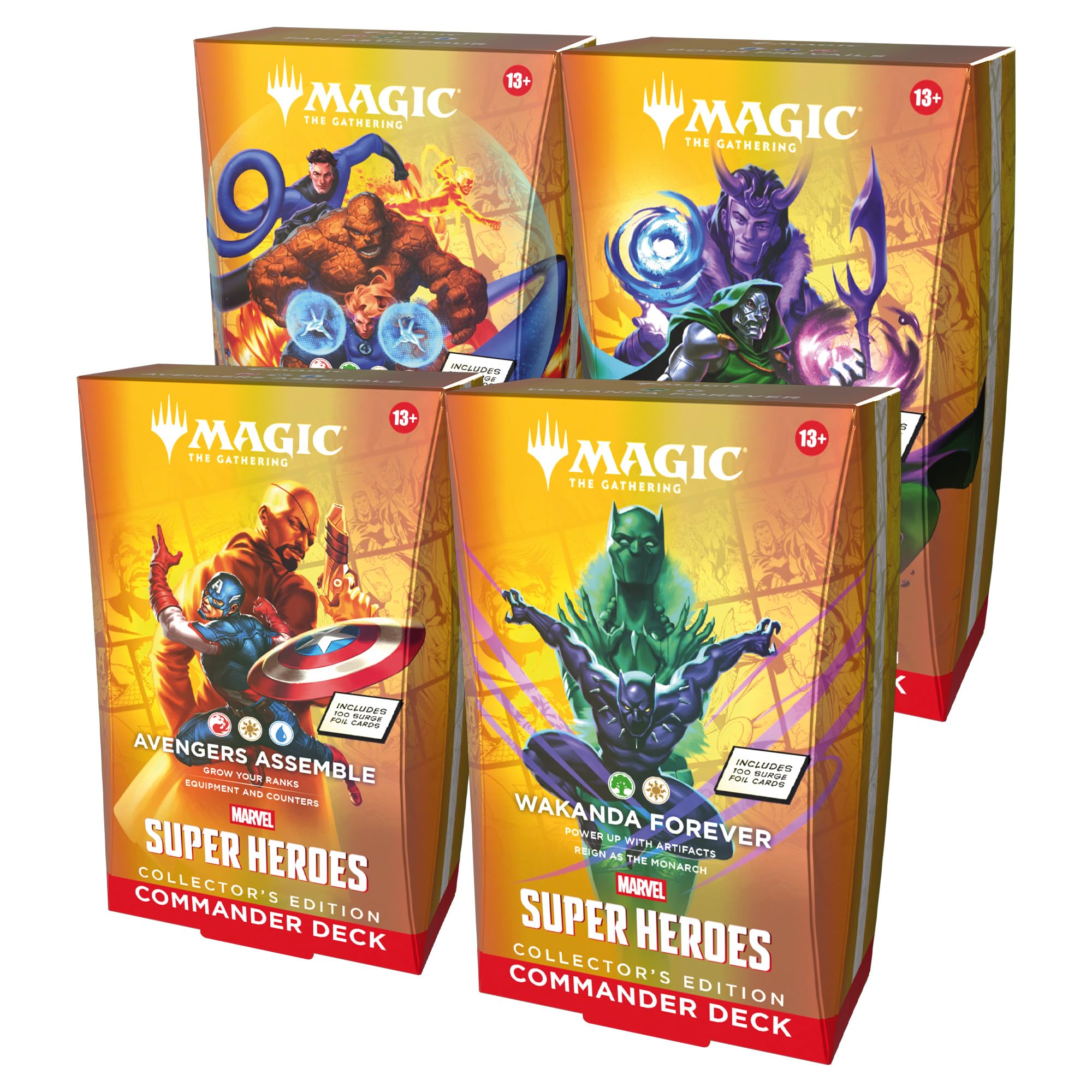 81XNoBBRcEL.jpg Magic: The Gathering | Marvel Super Heroes Collector’s Edition Commander Deck Bundle - Includes All 4 Surge Foil Decks (Avengers Assemble, Wakanda Forever, The Fantastic Four, Doom Prevails) - Image 1